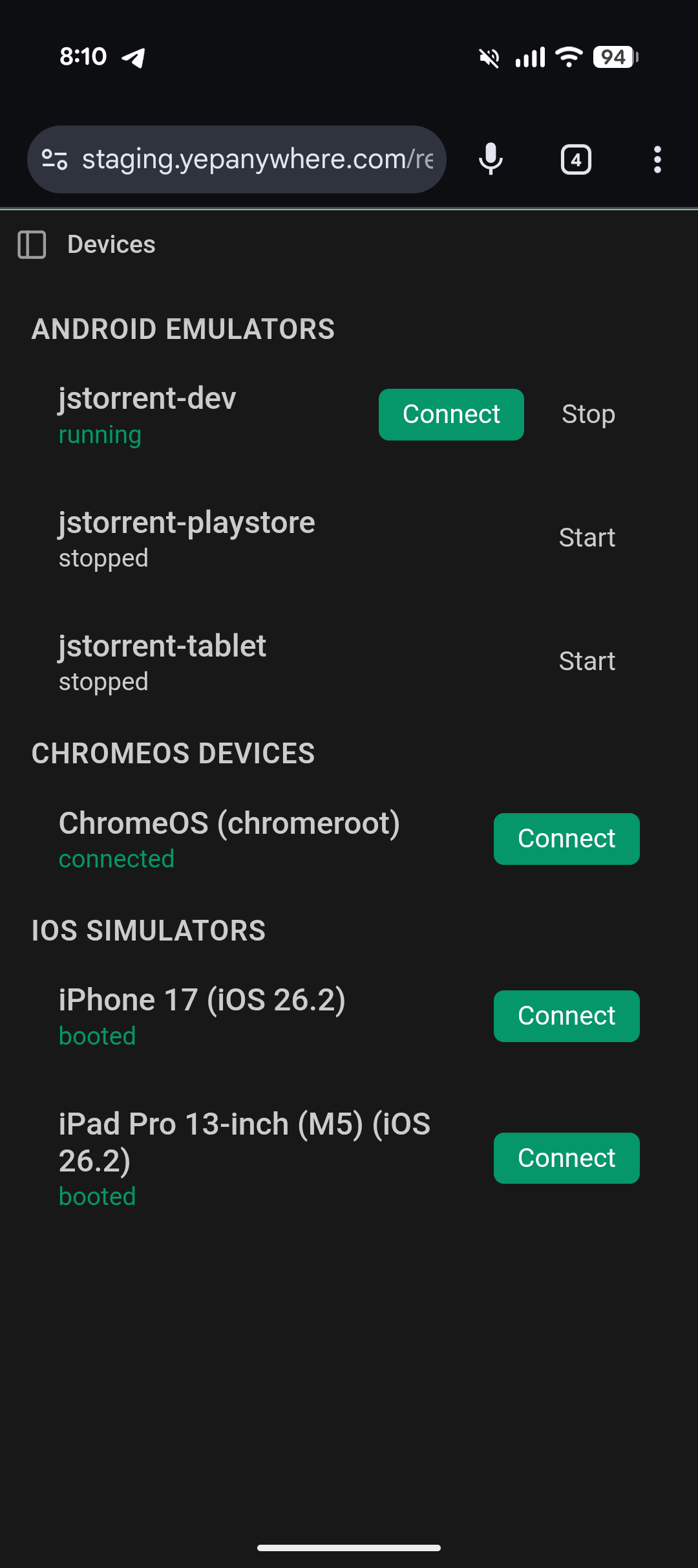 Device list showing Android emulators, ChromeOS devices, and iOS Simulators