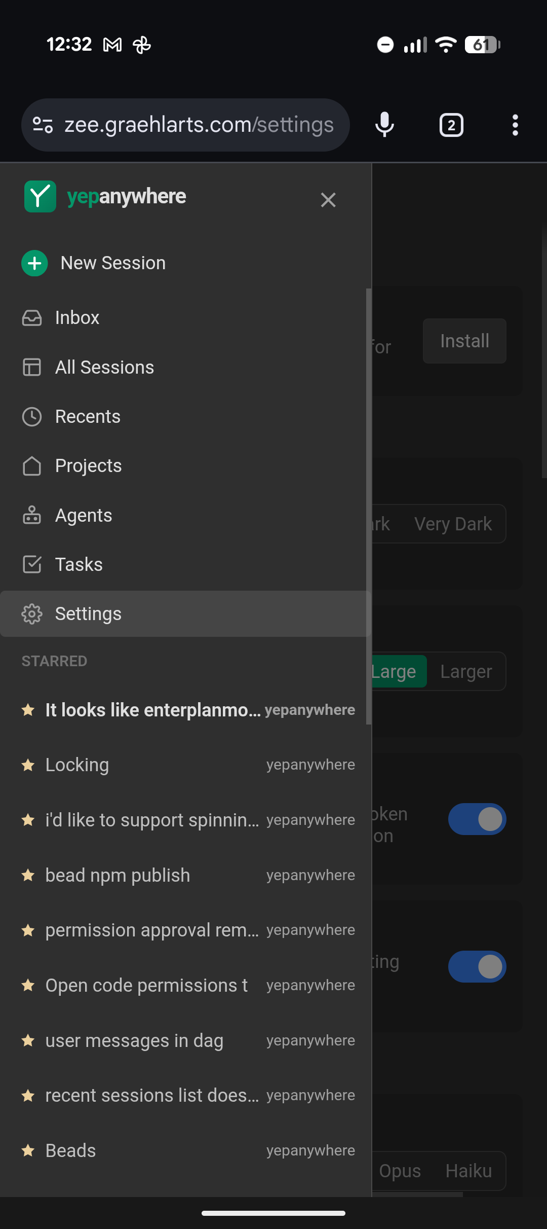 Navigation drawer with sessions